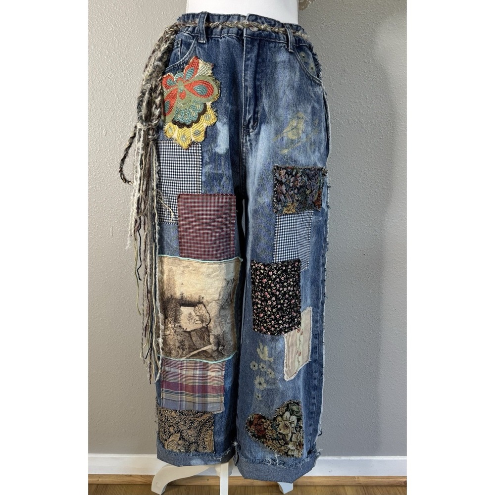OOAK Reworked Patchwork Denim Jeans Whimsigoth Lagenlook Boho Distressed Sz 29 - Picture 9 of 10